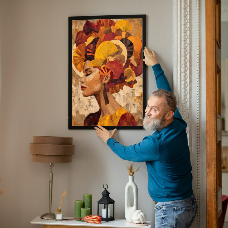 Portrait of a woman with an extravagant headdress canvas wall art, contemporary look on gallery-wrapped canvas for fall dorm