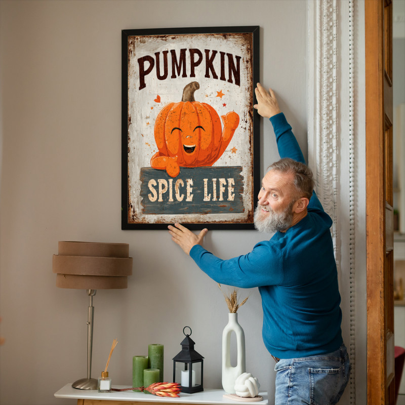 Pumpkin spice life meme canvas wall art with coffee cup illustration, vintage distressed, Thanksgiving dorm decor