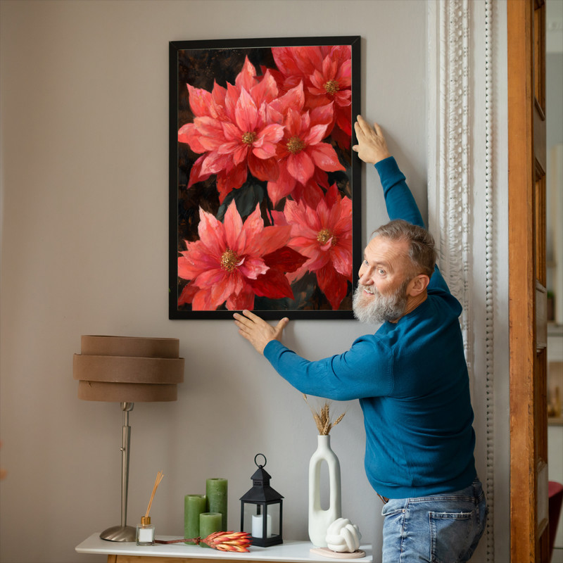 Red poinsettias canvas wall art, rustic fine art portrait with weathered rustic tones, holiday decor for living room