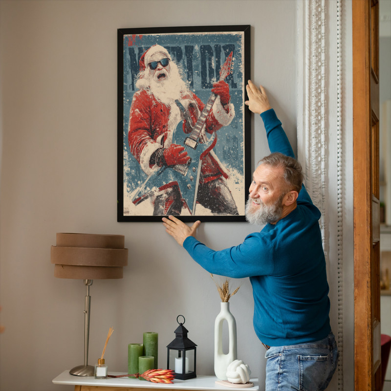 Rockstar Santa canvas wall art for Christmas, rustic retro grunge texture in warm earthy tones, ideal dorm seasonal decor