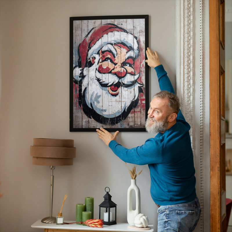 Santa Claus graffiti canvas wall art, dorm room decor with bold style, spray paint splatters on concrete wall holiday cheer Santa Claus graffiti canvas wall art, dorm room decor with bold style, spray paint splatters on concrete wall holiday cheer