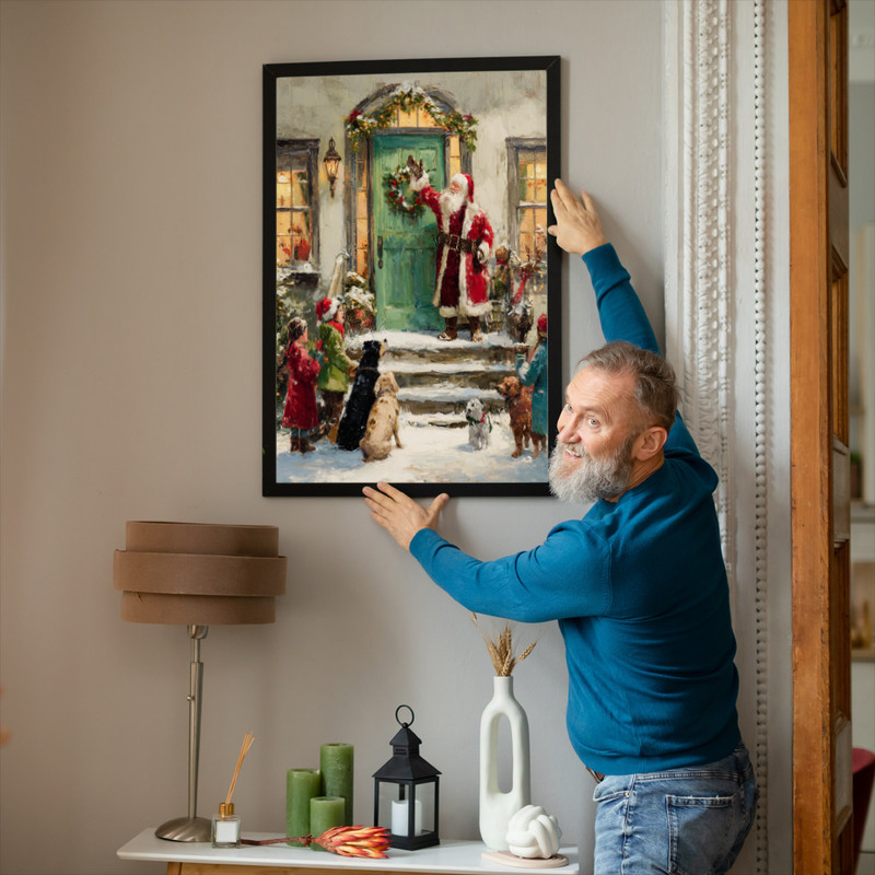 Santa on the step with green door canvas wall art, rustic farmhouse style with twinkle lights, framed for cozy living room