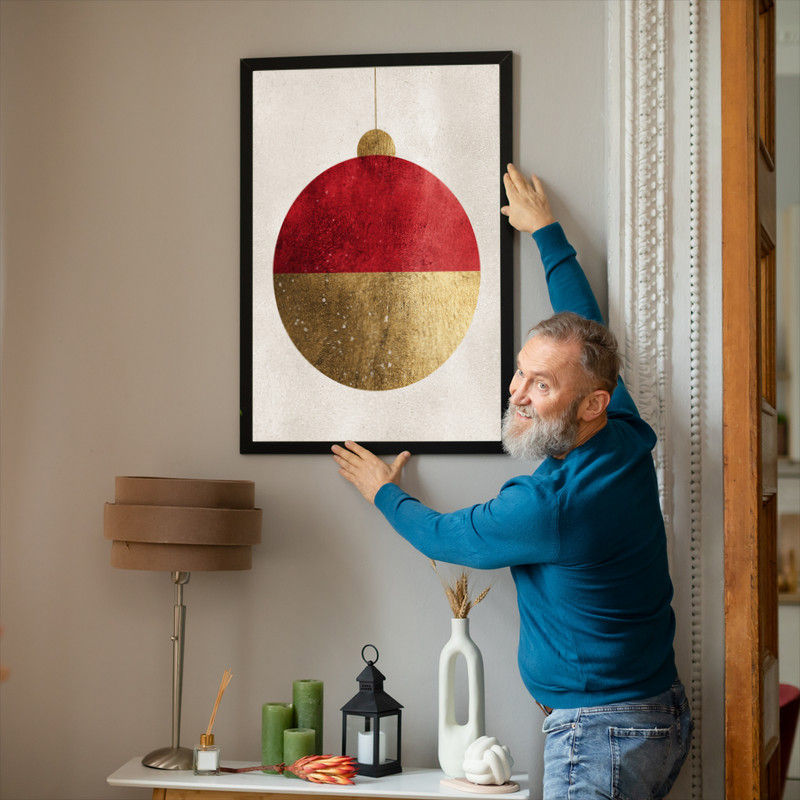 Simple Christmas canvas wall art with pared-back ornament motif, small-space dorm decor in warm white and spruce tones.