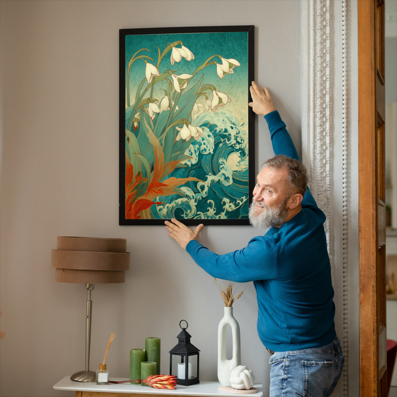 Snowdrops & Waves Harmony canvas wall art, stretched canvas in navy blue tones, subtle seaside snowdrop details, office