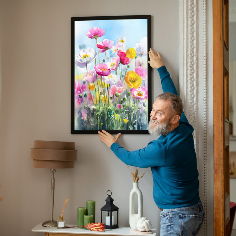 Sun-kissed anemone garden canvas wall art, impressionist brushstrokes highlight vivid blooms and gentle light across petals