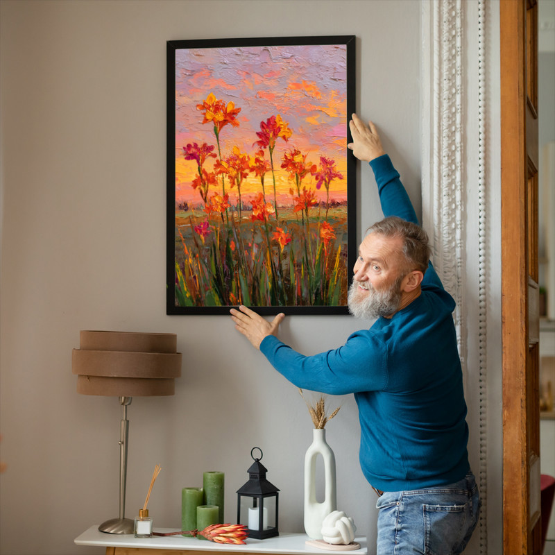 Sunset glow amaryllis canvas wall art, close-up watercolor petals and stamens in warm sunset hues on textured canvas Sunset glow amaryllis canvas wall art, close-up watercolor petals and stamens in warm sunset hues on textured canvas