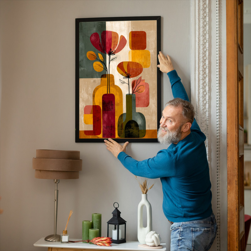 Thanksgiving flower vase canvas wall art, modern boho abstract florals in pumpkin tones on beige for dorm decor, horizontal