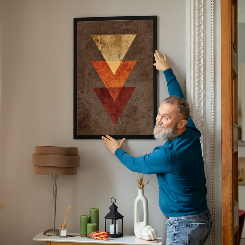 Thanksgiving geometric canvas wall art, abstract pumpkins and acorns in muted cranberry and gold, square format dorm decor