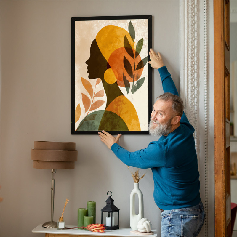 Thanksgiving inspired minimalist woman canvas wall art, black line on cream background, boho style for cozy dorm decor