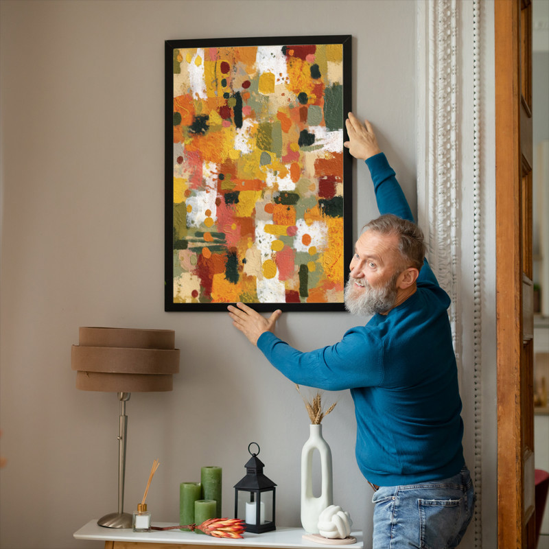 Thanksgiving vibes abstract expressionist canvas wall art in deep rust and gold, square format for modern dorm decor