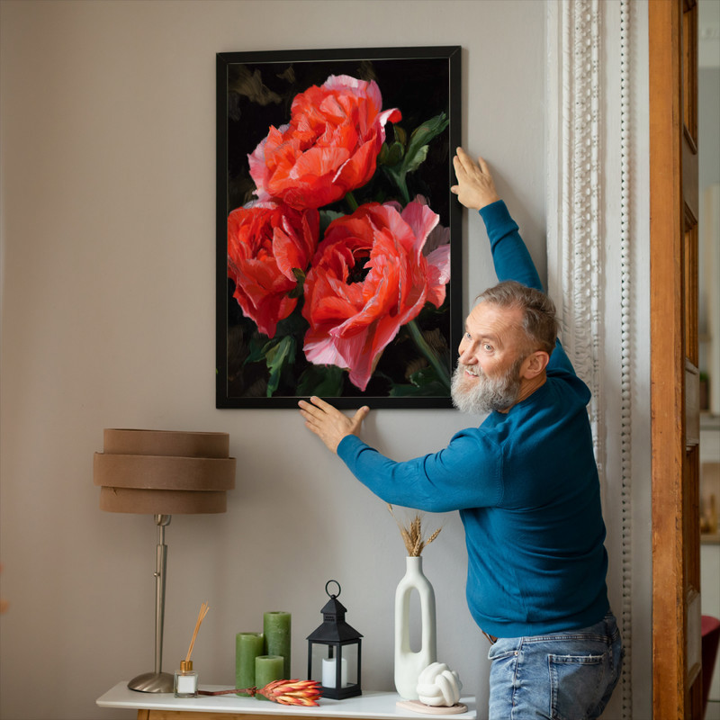 Ranunculus botanical canvas wall art in moody dark backdrop with luminous white petals, portrait piece for hallway decor