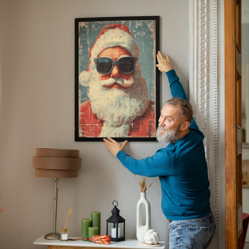 Vintage retro funny Santa portrait canvas wall art, bold red backdrop and grainy finish for festive dorm room holiday accent Vintage retro funny Santa portrait canvas wall art, bold red backdrop and grainy finish for festive dorm room holiday accent