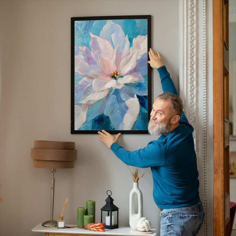 White poinsettias canvas wall art portrait, close-up oil painting blooms with textured strokes on a muted background