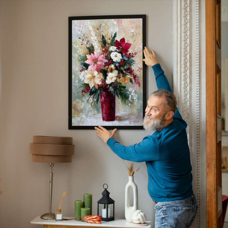 Winter vase canvas wall art, landscape orientation with muted palette florals, elegant holiday accent for a dorm room wall Winter vase canvas wall art, landscape orientation with muted palette florals, elegant holiday accent for a dorm room wall