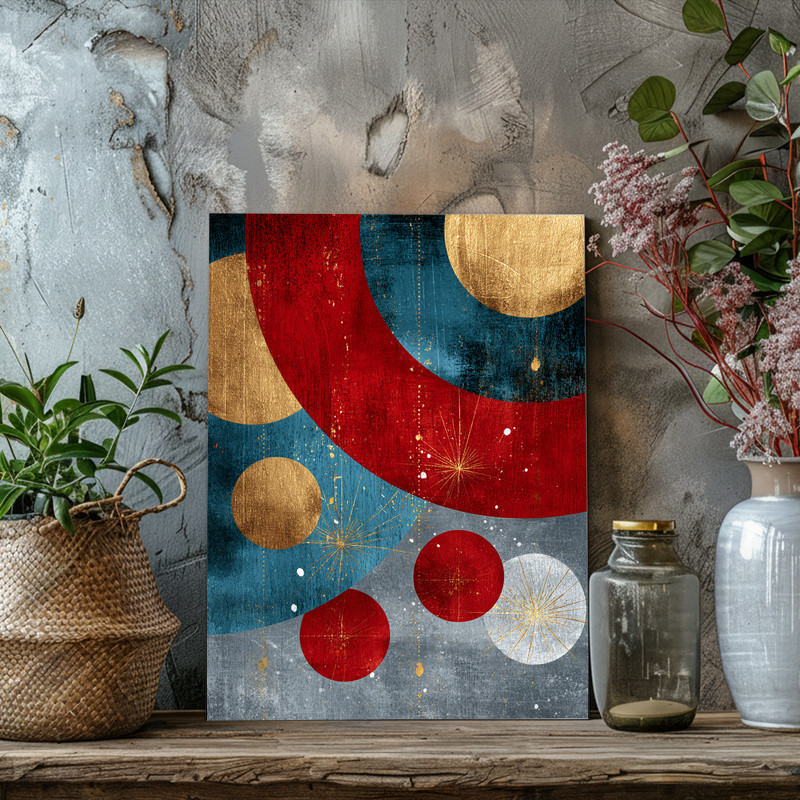 Abstract Christmas ornament canvas wall art, bold graphic circle motif in navy and gold, for minimalist dorm room decor.