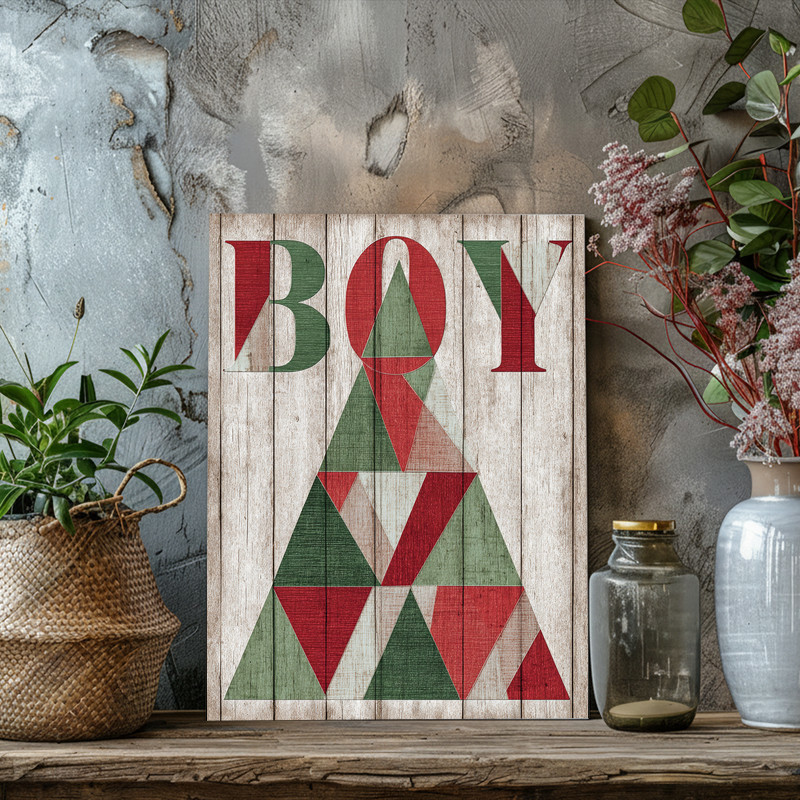 Abstract Christmas tree canvas wall art with red and green gradient shapes, horizontal orientation, holiday vibe for boy dorm decor