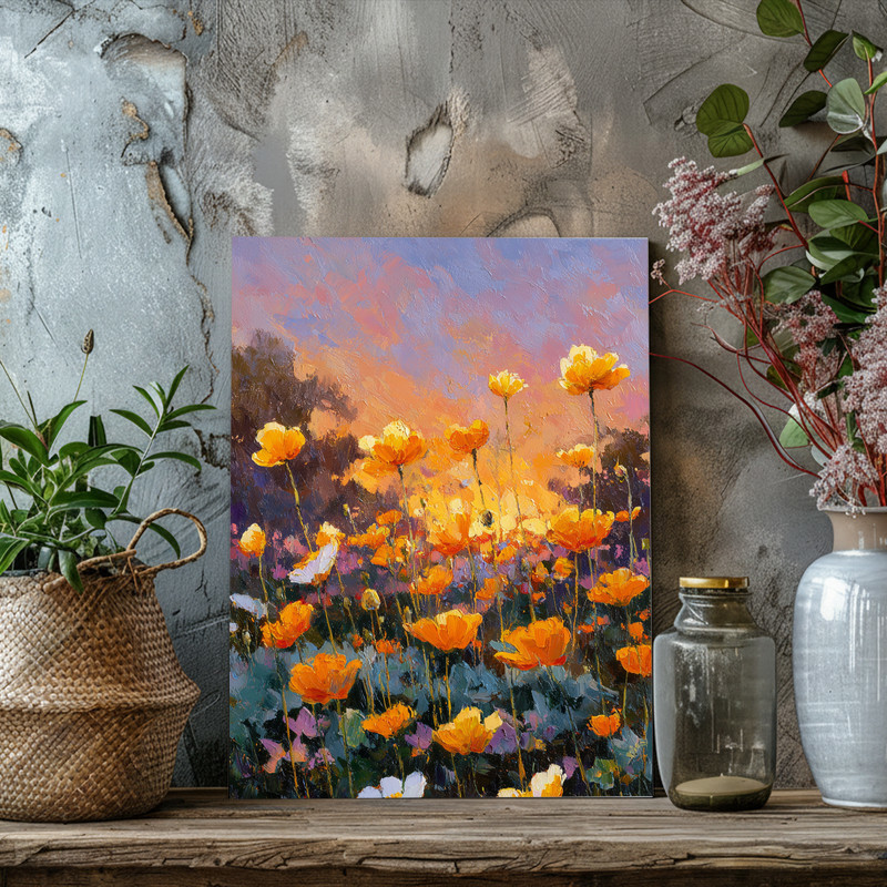 Amber Horizon canvas wall art featuring impressionist anemones at golden hour, soft amber-pink sky for serene office or study