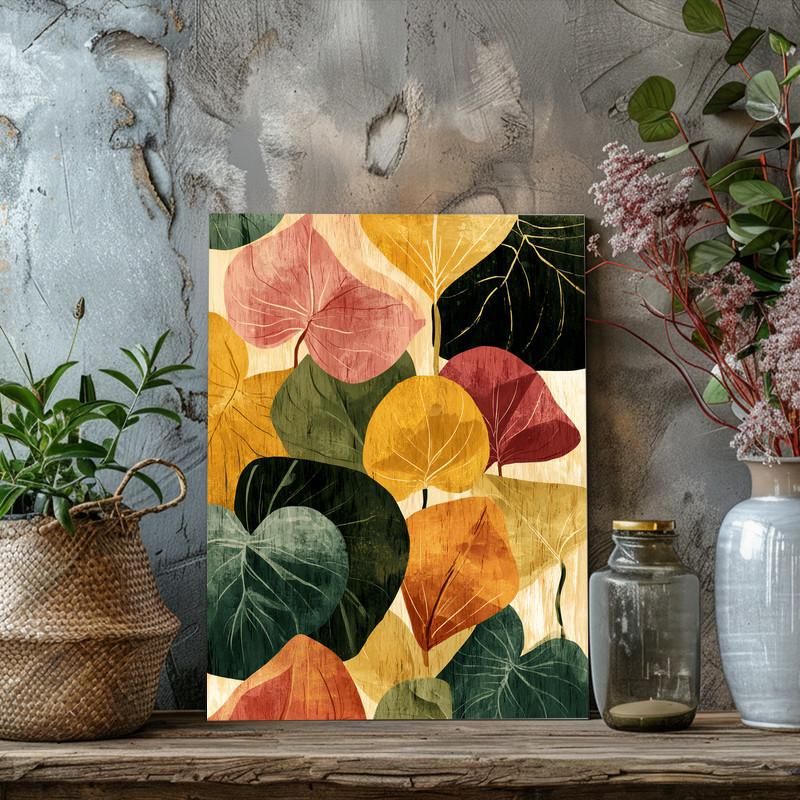 Autumn Bloom canvas wall art, textured canvas print of orange mums and maple leaves to warm up contemporary dorm decor