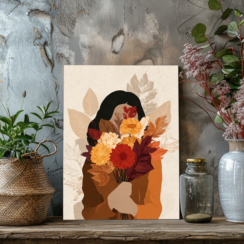 Autumn muse canvas wall art in vertical orientation, layered autumn textures and gentle lines to refresh compact dorm room decor