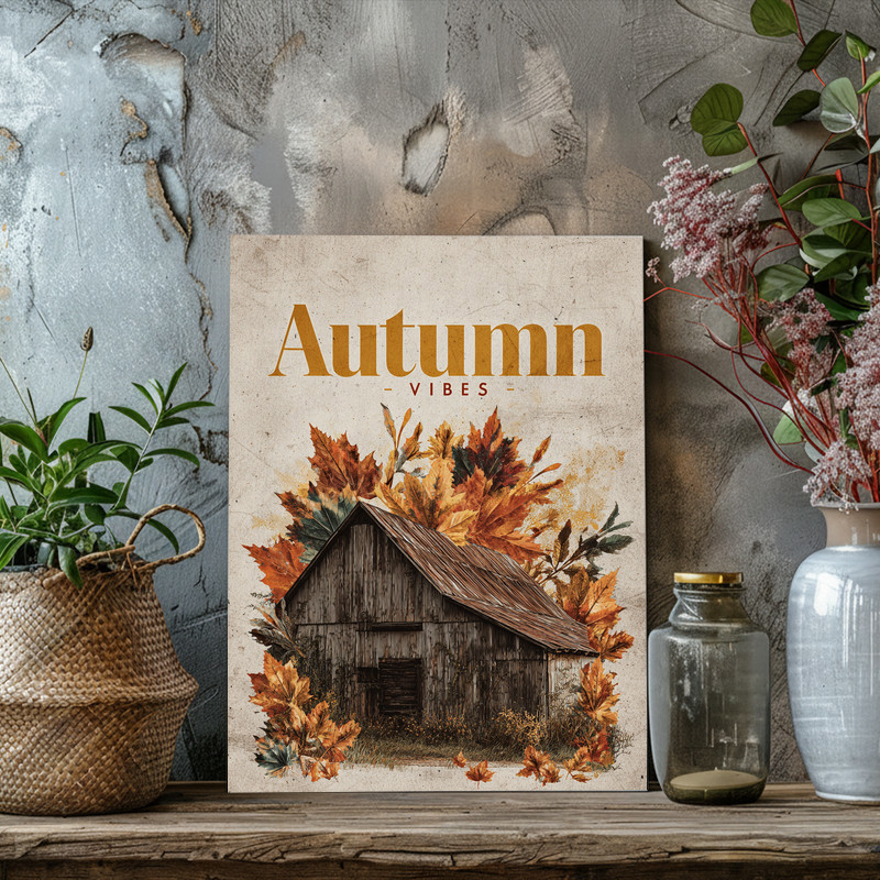 Thanksgiving canvas wall art for dorm room decor in modern boho style with line art fall leaves, burnt orange, portrait