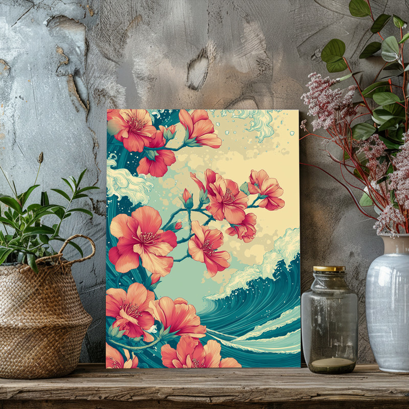 Azaleas and ocean waves floral canvas wall art, square format with balanced composition for serene coastal wall decor