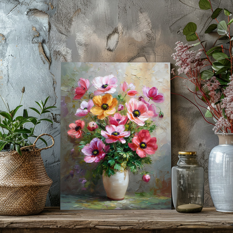 Anemones canvas wall art highlighting soft-toned flowers in a ceramic vase, timeless botanical decor for dining room walls. Anemones canvas wall art highlighting soft-toned flowers in a ceramic vase, timeless botanical decor for dining room walls.