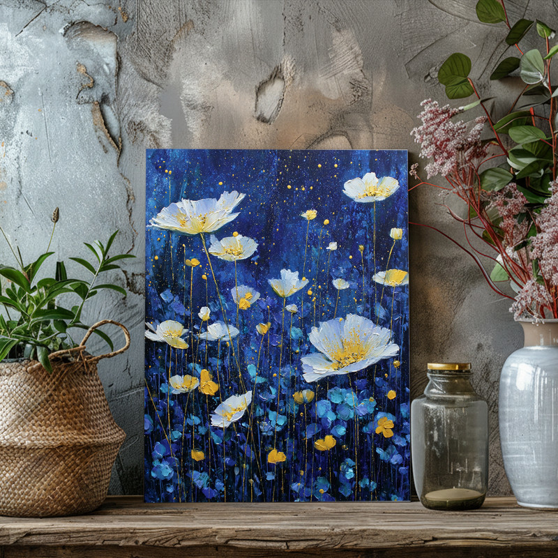 Celestial Garden canvas wall art showcasing anemones in a moonlit garden beneath stars, night florals for nursery or bedroom
