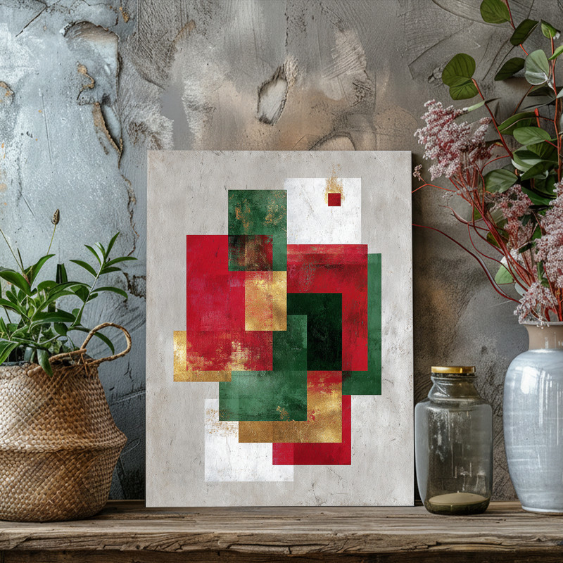 Christmas abstract canvas wall art featuring color-blocked holly hues, square format, contemporary dorm decor for winter