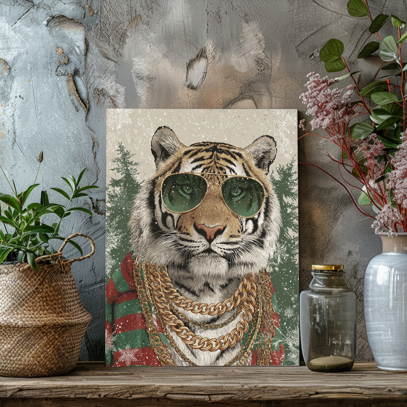 Christmas tiger canvas wall art in midnight blue with glowing lights, landscape wrapped canvas for winter dorm room decor