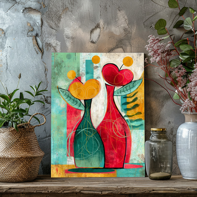 Christmas flower vase abstract canvas wall art with geometric accents and muted festive hues, easy upgrade for dorm walls