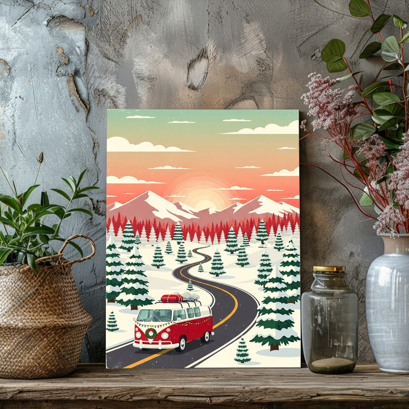 Christmas journey canvas wall art of a festive road in watercolor, cool blues and whites, dorm decor in a panoramic landscape