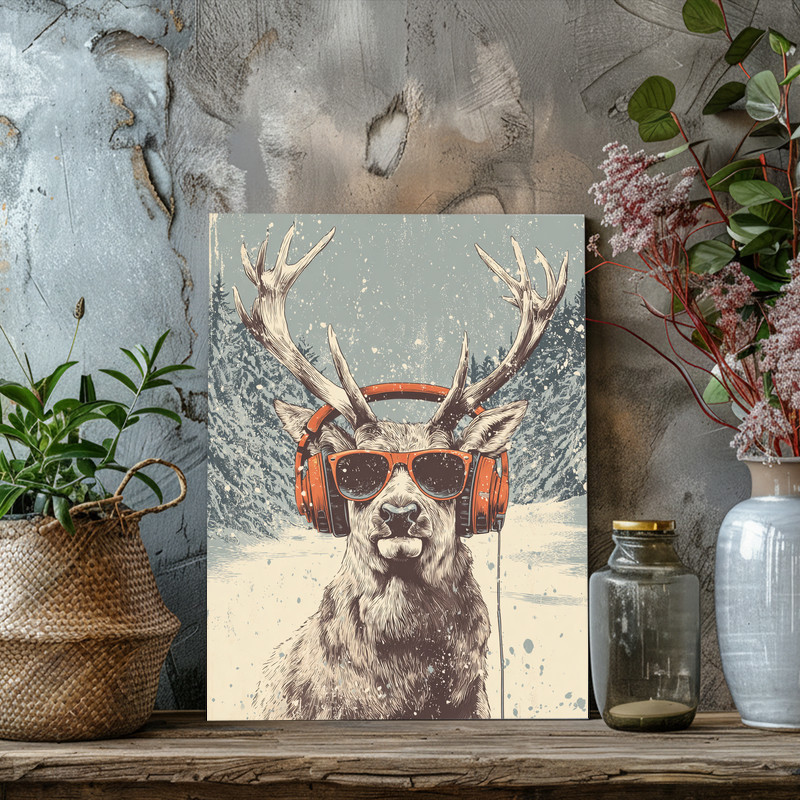 Christmas reindeer canvas wall art, modern pop art with geometric shapes in teal and coral, dorm room decor, landscape Christmas reindeer canvas wall art, modern pop art with geometric shapes in teal and coral, dorm room decor, landscape
