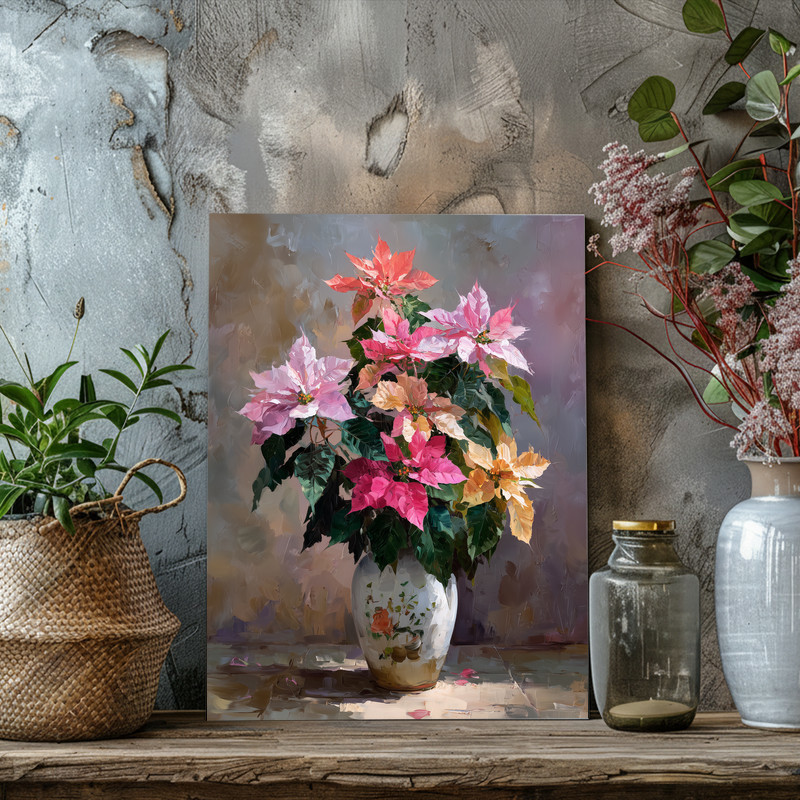 Colorful poinsettias vase canvas wall art, realistic oil painting of red florals in glass vase against dark backdrop