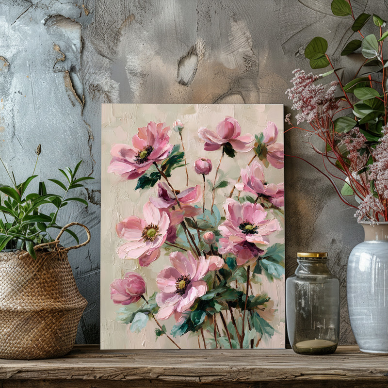 Anemone flower canvas wall art, modern minimalist composition with coral pop against white space for office wall styling