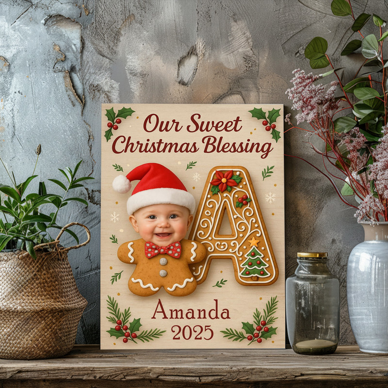 Baby gingerbread cookie monogram canvas wall art, custom name initial for sweet Christmas nursery decor