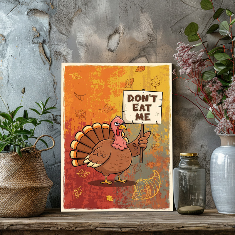 Funny Thanksgiving rustic canvas wall art, bold 'Don’t Eat Me' turkey graphic in earth tones, farmhouse vibe for student dorms