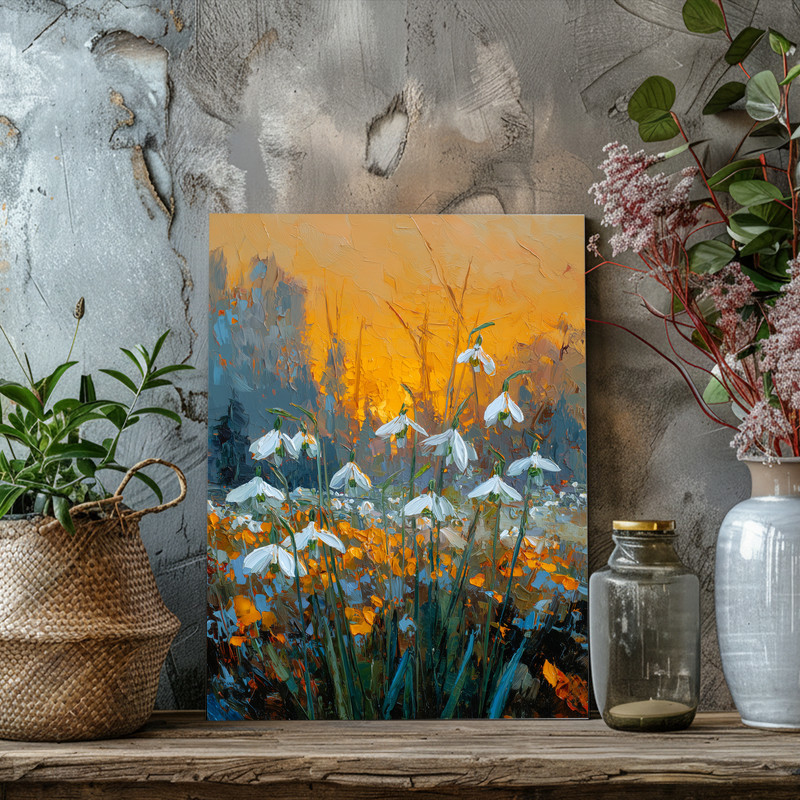 Dusty pink snowdrops canvas wall art, farmhouse rustic botanical portrait, soft florals on canvas for minimalist dining room decor