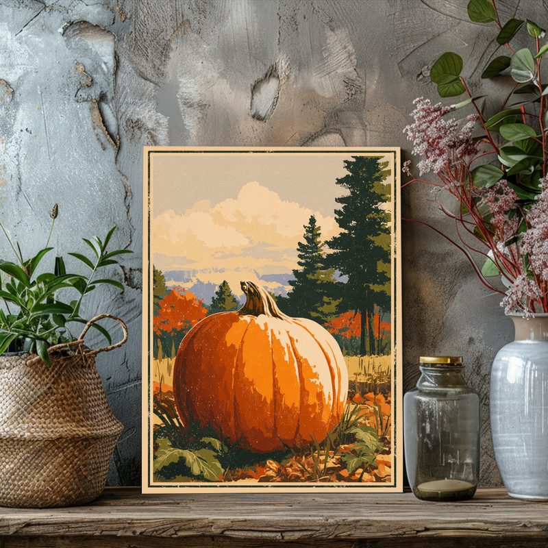 Giant pumpkin canvas wall art, vintage rustic aesthetic with subtle grain, square format accent for festive dorm room walls