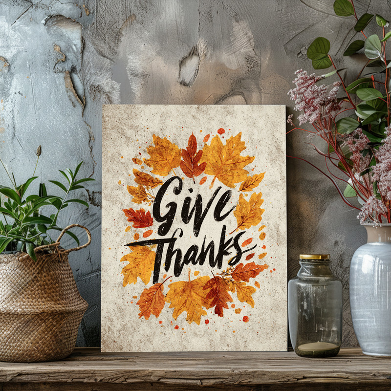 Thanksgiving quote canvas wall art, earthy tones and 'Give Thanks' text with subtle maple leaves, inviting rustic dorm decor