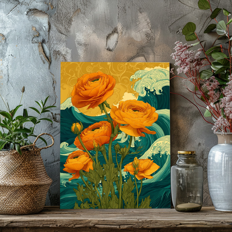 Golden Horizon ranunculi canvas wall art, coastal abstract floral with petals dancing above the sea, panoramic orientation