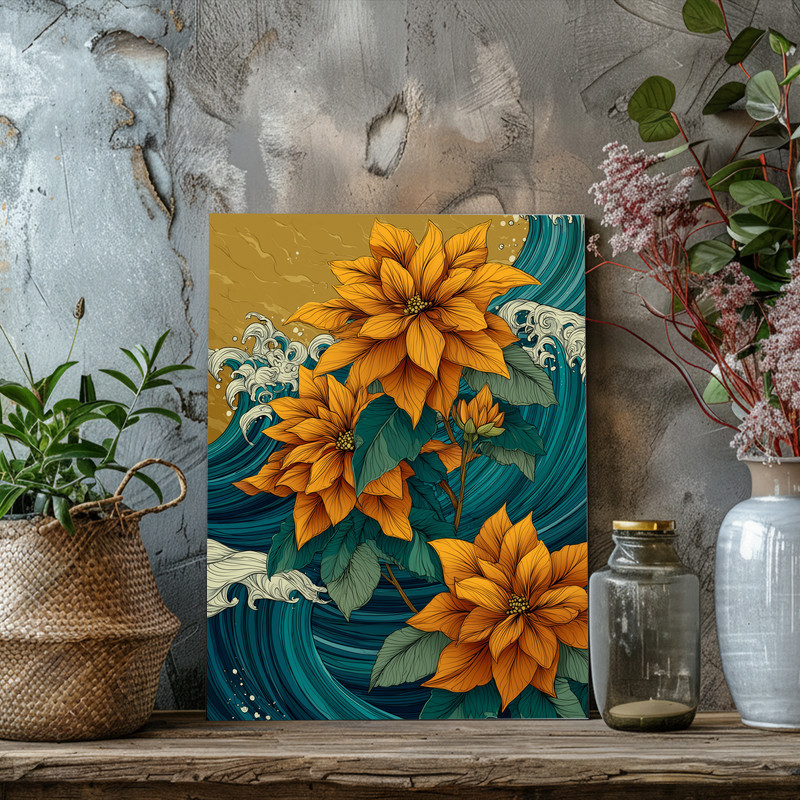 Golden sky poinsettias canvas wall art with dynamic wave textures, panoramic landscape for modern living spaces Golden sky poinsettias canvas wall art with dynamic wave textures, panoramic landscape for modern living spaces