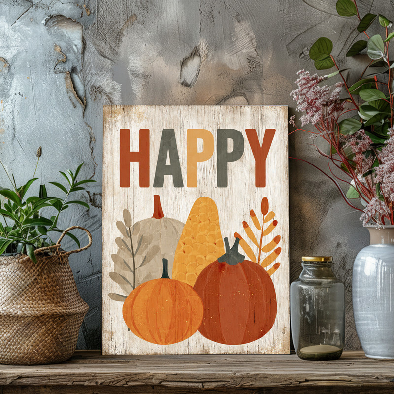 Happy Thanksgiving holiday canvas wall art for dorm room fall decor, cheerful autumn accent for campus living