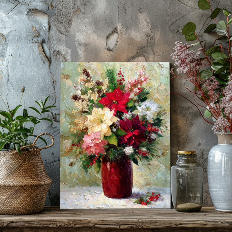 Christmas floral canvas wall art on black background with bold boho blooms and berries, textured gallery-wrapped, vertical