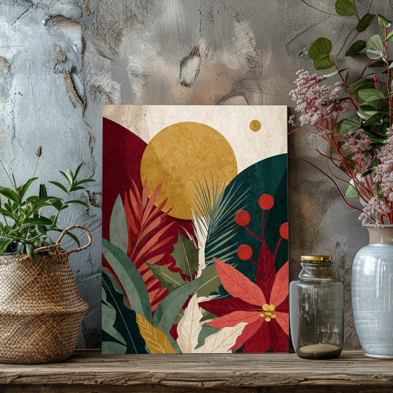 Modern Christmas geometric holiday shapes canvas wall art, simple abstract icons bringing festive cheer to a cozy dorm room