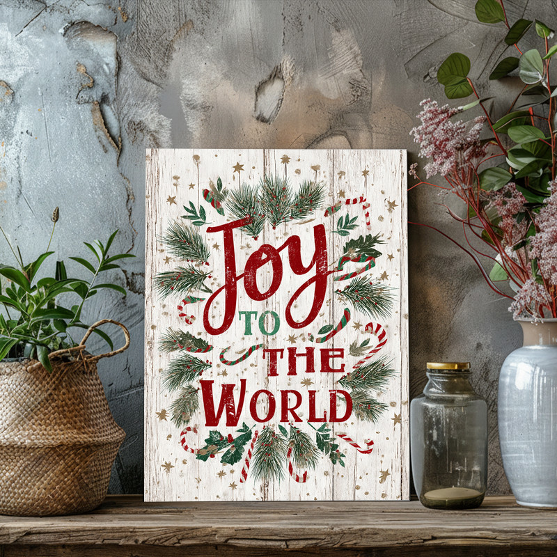 Joy to the World canvas wall art, rustic dorm decor featuring hand-lettered script and distressed texture for a cozy vibe