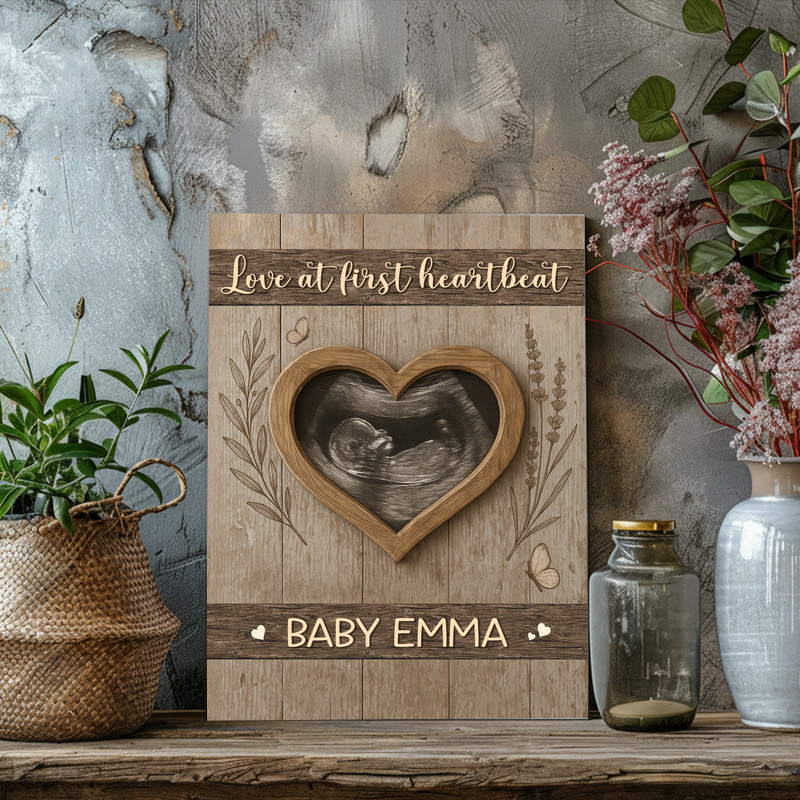 Love At First Heartbeat ultrasound canvas wall art, dark walnut wood look, personalized names, new baby gift for nursery