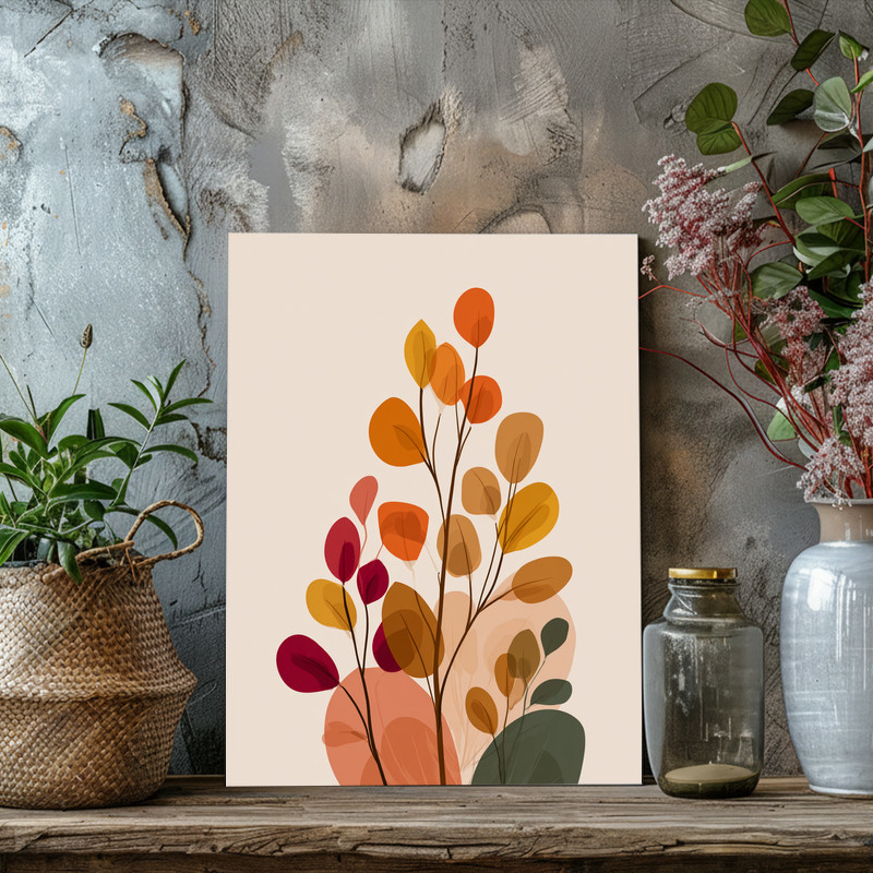 Minimalist botanical canvas wall art, monochrome leaf line drawing on white, horizontal for Thanksgiving dorm room decor