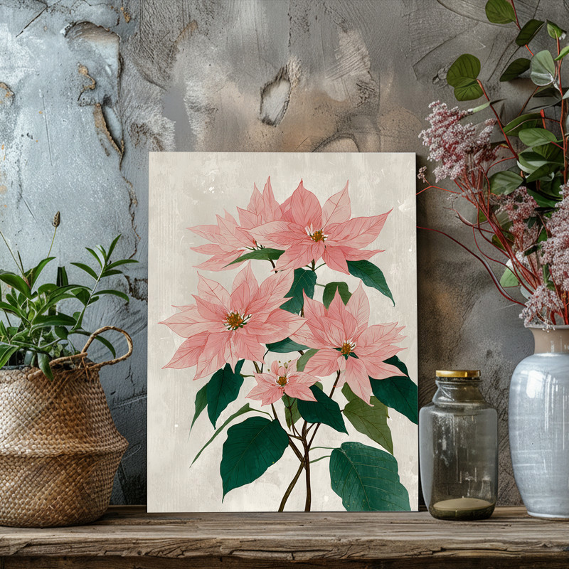Poinsettias bloom canvas wall art, close-cropped oil painting with crimson petals and dark green foliage for office decor