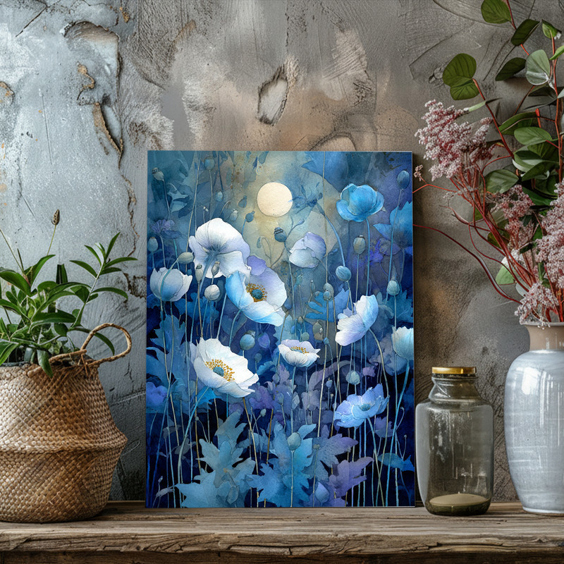 Moonlit night garden of anemones canvas wall art, botanical detail in dusky tones, ideal for plant enthusiasts and nature-inspired decor Moonlit night garden of anemones canvas wall art, botanical detail in dusky tones, ideal for plant enthusiasts and nature-inspired decor