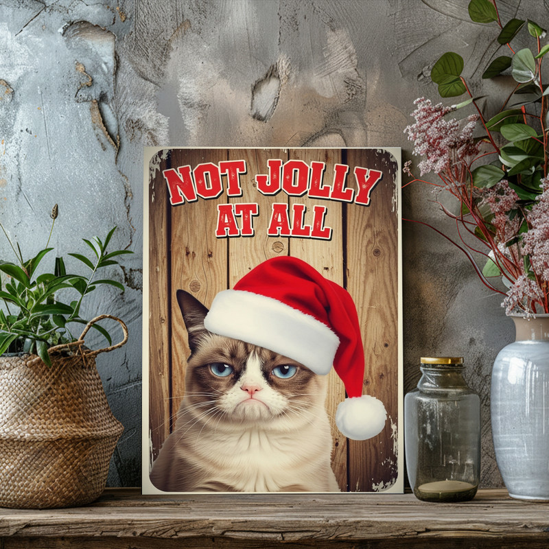 Grumpy holiday cat meme canvas print reading Not Jolly At All, textured gallery wrap, dorm room wall decor for Christmas